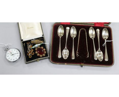 A set of six silver teaspoons and sugar tongs, cased, a 9ct gold bar brooch, a Garrard Incabloc stopwatch and sundry jeweller