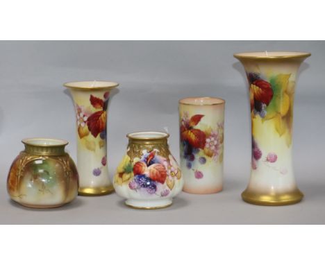 Five Royal Worcester vases painted with autumn leaves and berries, various, including two tapered cylindrical and straight cy