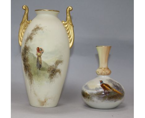 A Royal Worcester blush ivory bottle vase and a similar Grainger & Co two-handled ovoid vase, the bottle vase shape no. 799 a