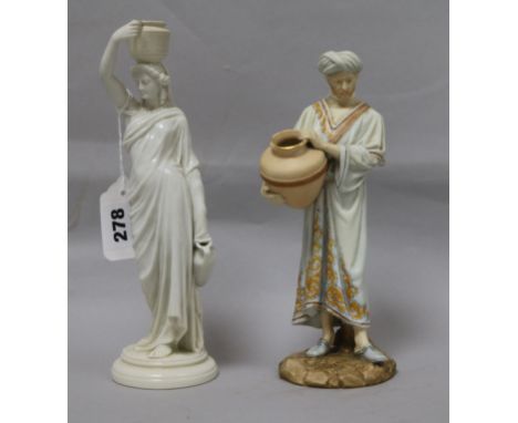 Two Royal Worcester figures of water carriers after James Hadley, one a Cairo example, wearing a turban and cream robe with o