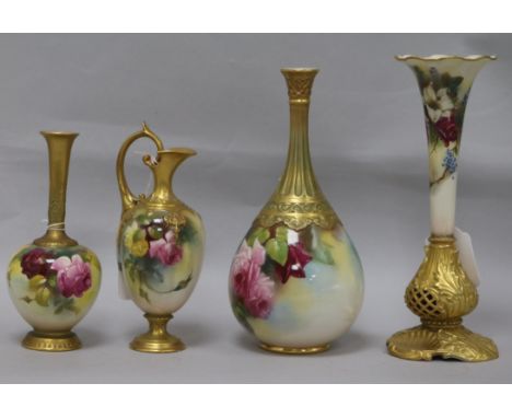 Four Royal Worcester decorative vases painted with roses, various, including a tapered cylindrical bud vase with everted wavy