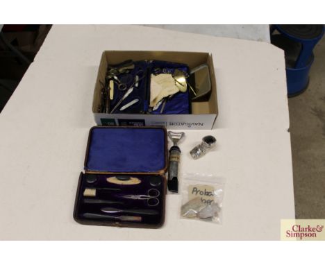 A quantity of manicure items, some cased; a novelty whistle; flint arrow heads (probably Algerian) and other miscellaneous it