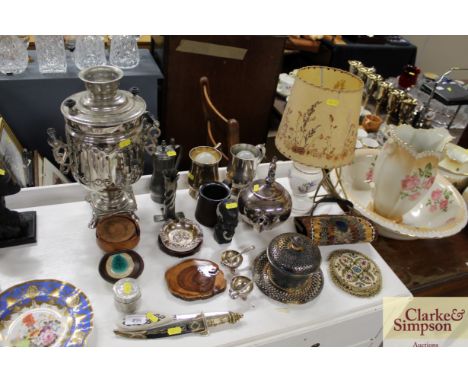 A quantity of various plated ware, table lamp, a Samovar, feather decorated evening bag etc.
