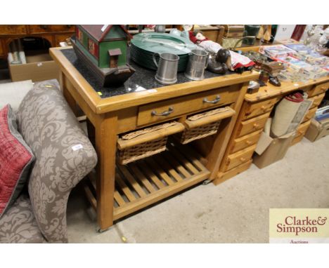 A light oak and marble inset kitchen island, fitted drawer and sliding trays. 96cm wide, 61cm deep and 90cm high&nbsp;