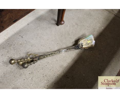 Three brass fire implements and a George V Jubilee toasting fork