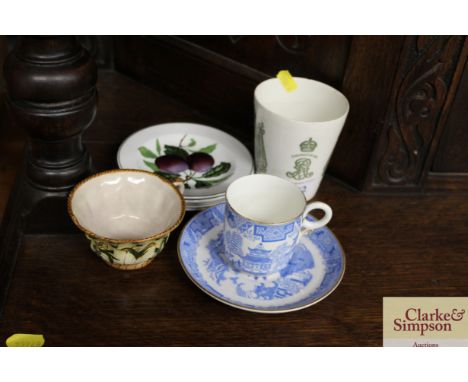 A Royal Doulton George V Coronation beaker; three Villeroy &amp; Boch plates; a Royal Worcester willow pattern coffee can san