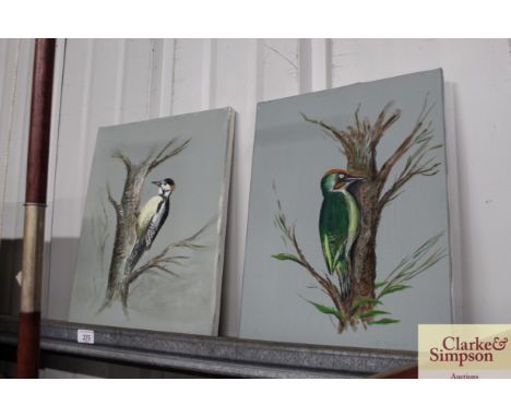R Taylor, two unframed oils on canvas depicting woodpeckers