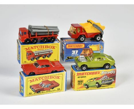 Matchbox, 10 Pipe Truck, 22 Pontiac Coupe, 37 Skip Truck &amp; 67 Hot Rocker, England, Druckguss, Okt Z 1-2, Z 1