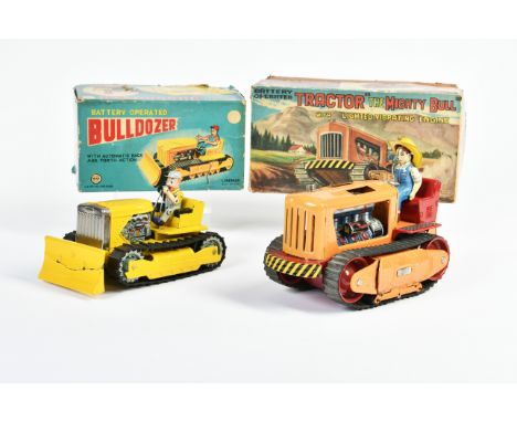 Linemar, Bulldozer + TN Tractor Mighty Bull, Japan, 19-24 cm, Blech, Antrieb ok, Okt, LM, Z 2