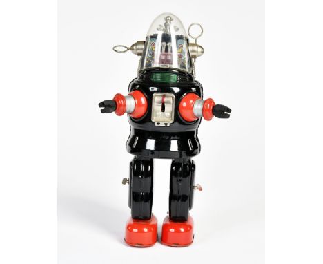 TN Nomura, Mechanized Robot, Japan, 34 cm, Blech, Bat. Antrieb defekt, Glashaube leicht beschädigt, LM, Z 2-