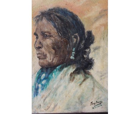 TONY DAVIS (XX). Portrait study of a native American Indian, signed lower right, oil on board, framed, 40 x 34 cm