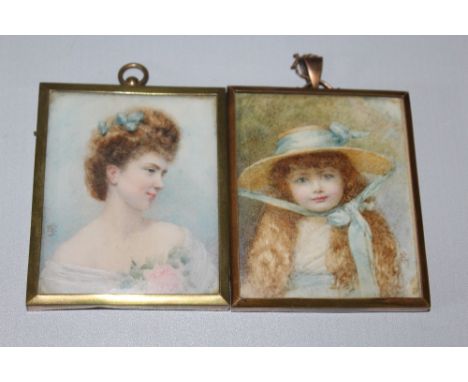 A PAIR OF 19TH CENTURY PORTRAIT WATERCOLOUR MINIATURES, depicting a lady and a young girl in a bonnet, both bearing monograms