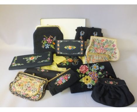 A COLLECTION OF VINTAGE EMBROIDERED  AND TAPESTRY LADIES EVENING BAGS, various styles and periods, together with a vintage ma