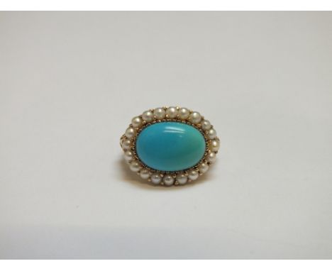 A 9 CT GOLD TURQUOISE AND SEED PEARL RING,&nbsp; approx weight 5.4g, ring size K