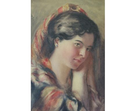 (XIX-XX). Head and shoulder portrait study of a young woman with head covering, unsigned, watercolour, framed, 45 x 35 cm