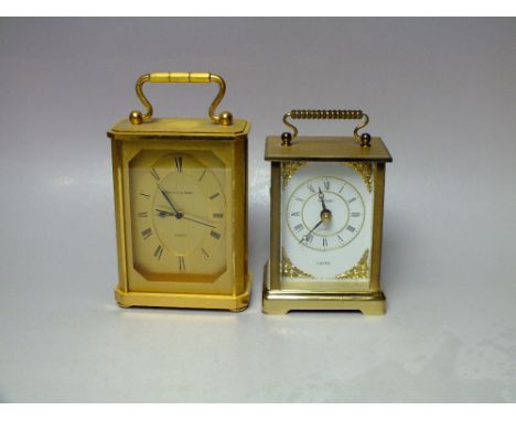 A MODERN MAPPIN &amp; WEBB QUARTZ BRASS CASED CARRIAGE CLOCK, H 17 cm, together with a Metamec Chime example (2)