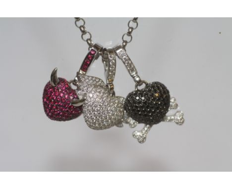 A THEO FENNELL OF LONDON 18CT WHITE GOLD BELCHER CHAIN WITH THREE ASSORTED JEWELLED CHARMS, the charms comprising an 18ct whi