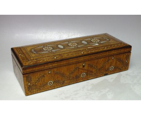 A VICTORIAN GLOVE BOX WITH EXTENSIVE BRASS AND MOTHER OF PEARL INLAY, of rectangular form, the hinged lid opening to reveal v