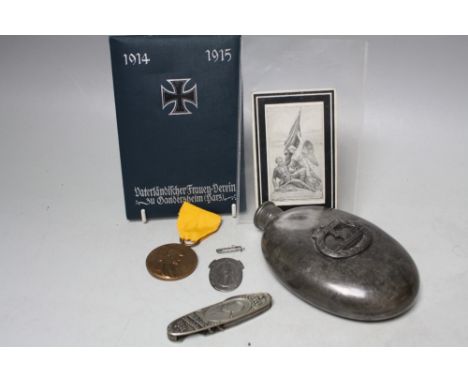 A PLATED HIP FLASK WITH NAZI GERMAN U-BOAT BADGE, together with a Kaiser Wilhelm Centenary medal, a German Treve um Treve 193