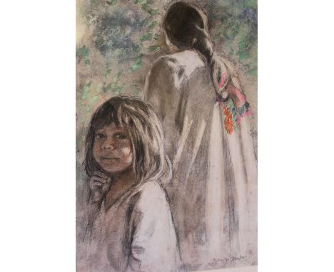 DIMITAR KRUSTER (XX). Continental school, a study of two young girls, signed lower right, pastel on paper, framed and glazed,