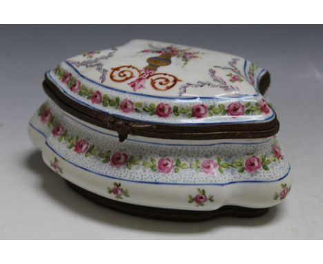 A SEVRES / LIMOGES STYLE CERAMIC TRINKET, of bombe form, white ground with floral embellishment, hinged lid and metal mounts,