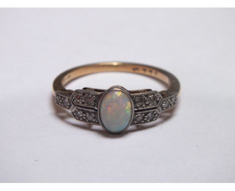 AN ART DECO 18CT GOLD AND PLATINUM DIAMOND AND OPAL SET DRESS RING, ring size O 1/2, approx weight 3 g