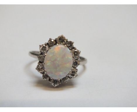 A HALLMARKED 18 CT WHITE GOLD OPAL AND DIAMOND RING, approx weight 3.3g, ring size M