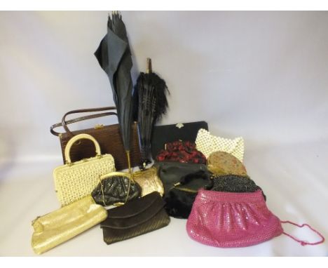 A COLLECTION OF LADIES VINTAGE BAGS, various styles and periods to include an unusual metal compact style bag, various retro 