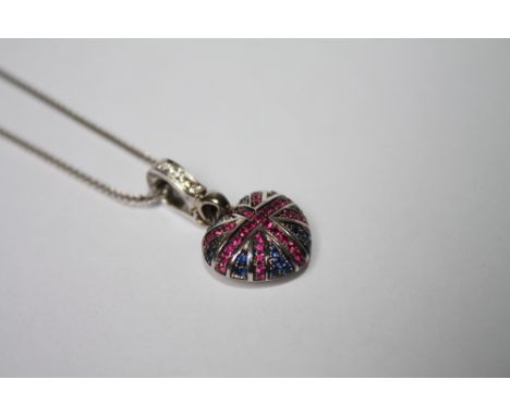 A THEO FENNELL OF LONDON 18CT WHITE GOLD UNION JACK HEART SHAPED PENDANT WITH RUBIES, SAPPHIRES AND DIAMONDS  AND WHITE GOLD 