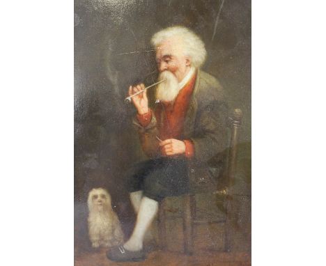 A HEZING (XIX). Continental school interior scene with man smoking a pipe, a dog at his feet, signed lower middle to right, o
