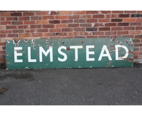 A LARGE GREEN AND WHITE ENAMEL RAILWAY STATION SIGN FOR ELMSTEAD, approximate L 257 cm , H 60 cm