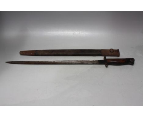 A 1907 PATTERN BAYONET, made by Wilkinson sword, blade L 17" / 43 cm. complete with leather scabbard, 