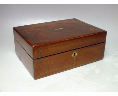 A VICTORIAN ROSEWOOD SEWING BOX, of rectangular form, with brass banding and mother of pearl inlay, the hinged lid opening to