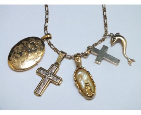 A GOLD CHAIN STAMPED 585 WITH VARIOUS PENDANTS, to include a locket, approx weight 40gCondition Report:one cross has central 