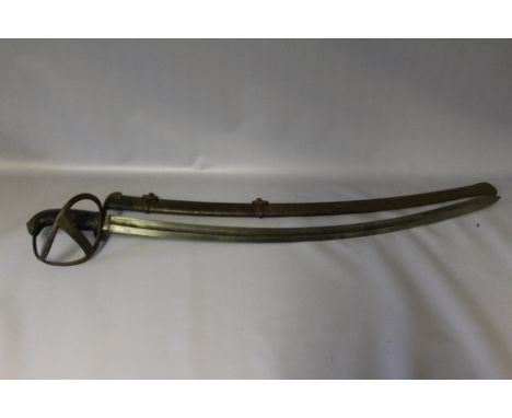 AN ANTIQUE CAVALRY SWORD WITH TWO RING STEEL SCABBARD, with basket hilt  and curved fullered blade, the top edge stamped with