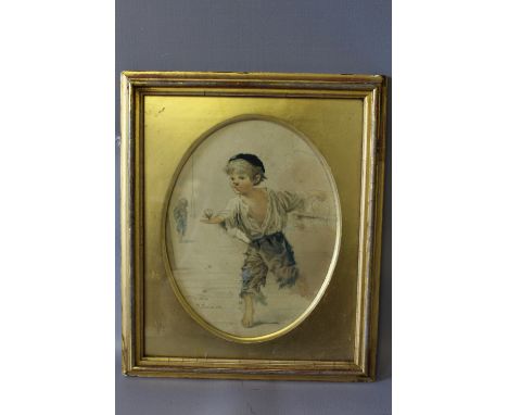 R. LUDOVICI (XIX-XX). Italian school, oval study of a street urchin with spinning top, signed lower left, watercolour, framed