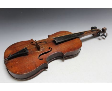 AN ANTIQUE ONE PIECE BACK VIOLIN FOR RESTORATION, with mother of pearl inlaid bow and R.R Sheilds Rosin A/F, overall L 58 cm,