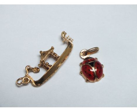 A 9CT GOLD ENAMEL LADYBIRD PENDANT CHARM, stamped .375, approx. 0.8g, together with an Oriental style junk / boat charm, stam