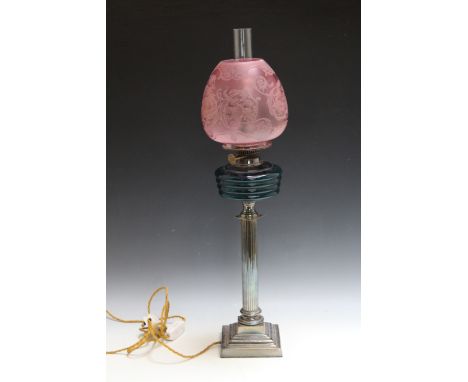 A TALL SILVER PLATED STEPPED COLUMN OIL LAMP, with decorated etched shade, converted to electrical use, H 75 cmCondition Repo