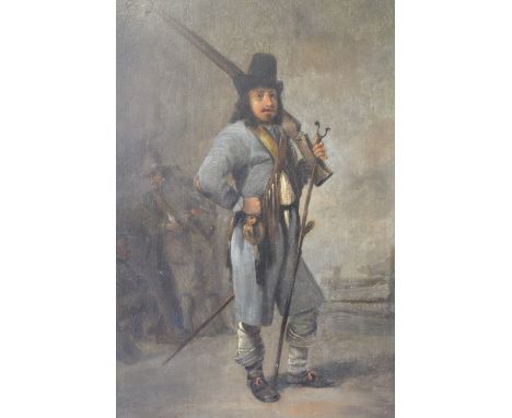 CIRCLE OF JAM STEEN (fl. 1626-1649). Portrait study of a soldier with arquebus and sword, another soldier and harbour in back