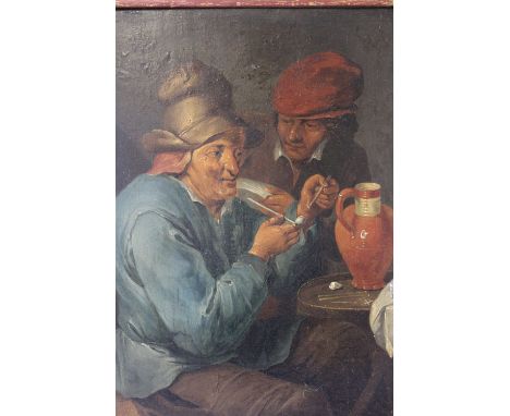 CIRCLE OF THOMAS VAN APSHOVEN (1622-1664). Interior scene with two men, one smoking a pipe, unsigned, oil on panel, framed, 2