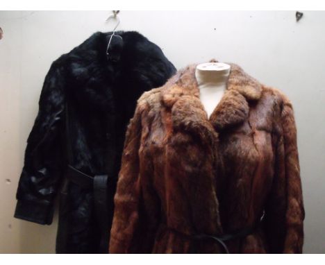 A LADIES VINTAGE BLACK LEATHER AND CONEY FUR  COAT, complete with original belt, fully lined, together with a short coney fur