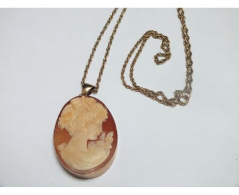 AN OVAL CAMEO PORTRAIT PENDANT IN 9CT GOLD MOUNT, cameo H 4.2 cm, suspended on a yellow metal chain stamped 9ct to clasp, the