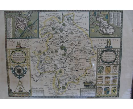 CIRCLE OF JOHN SPEED (1552-1629). A vintage map 'The Counti of Warwick'  the shire towne and citie of Coventry, hand coloured