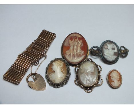 A COLLECTION OF VINTAGE CAMEO BROOCHES, various designs and periods, to include a Victorian oval figural cameo within a turqu