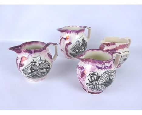 Four Sunderland Lustre type Maritime jugs printed with Ship Caroline, Three Brothers, Mariners Compass & Hardy Sailor motto, 