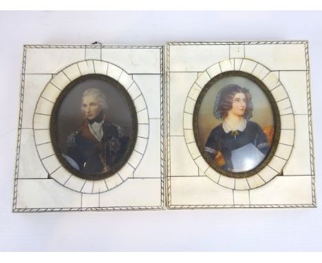 Pair of early 19th Century oval portrait miniatures of Lord Nelson and Lady Hamilton on ivory, indistinctly signed, 8 x 61/2c