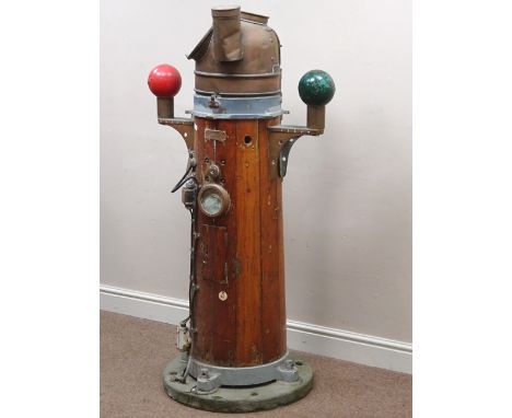 Teak Ship's Compass Binnacle, gimbal compass No. 8716/SIS/12 with azimuth mirror, Pat.1950, brass domed cover with oval viewi