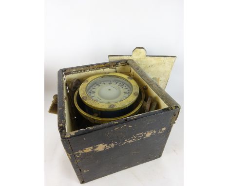 Sestrel brass cased Compass, dial marked 1939, B/T C. Olsen, Grimsby No. 86455, gimbal mounted in painted wooden box with sli