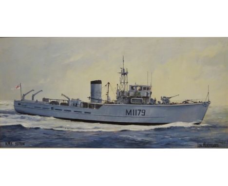 'HMS Sefton M1179' - Naval Ship's Portrait, oil on board signed and titled by Don Micklethwaite 37cm x 75cm   Condition Repor